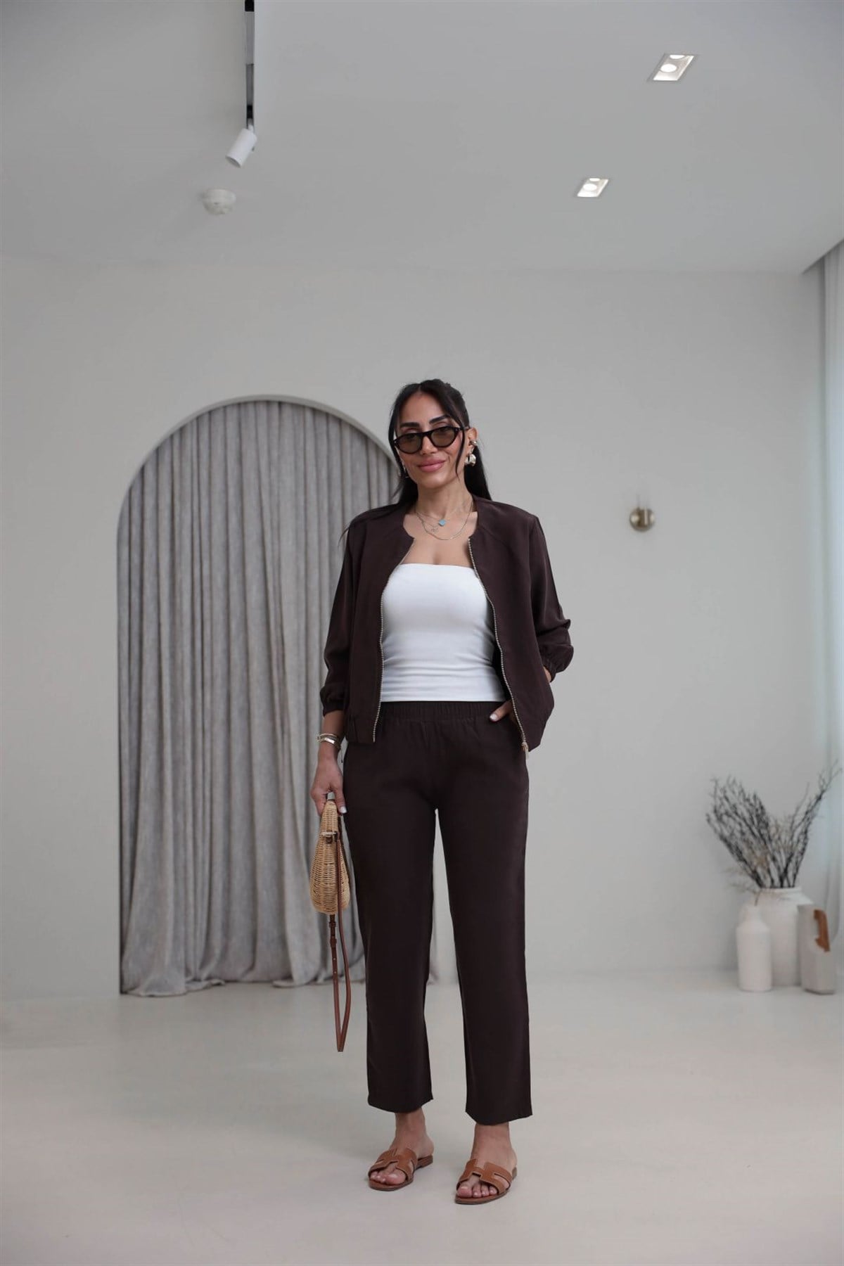 7132 Fermuarlı Tok Tencel Ceket Pantolon Takım KAHVE