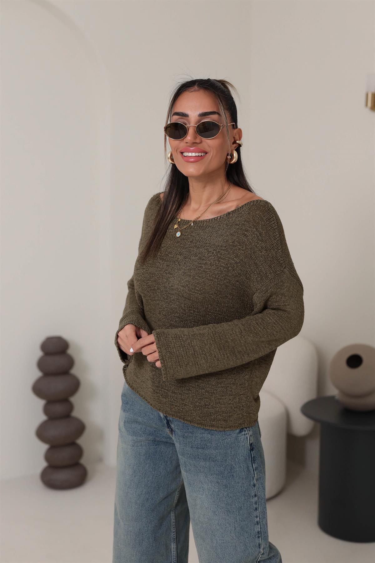 4455 Kayık Yaka Triko HAKİ YEŞİL