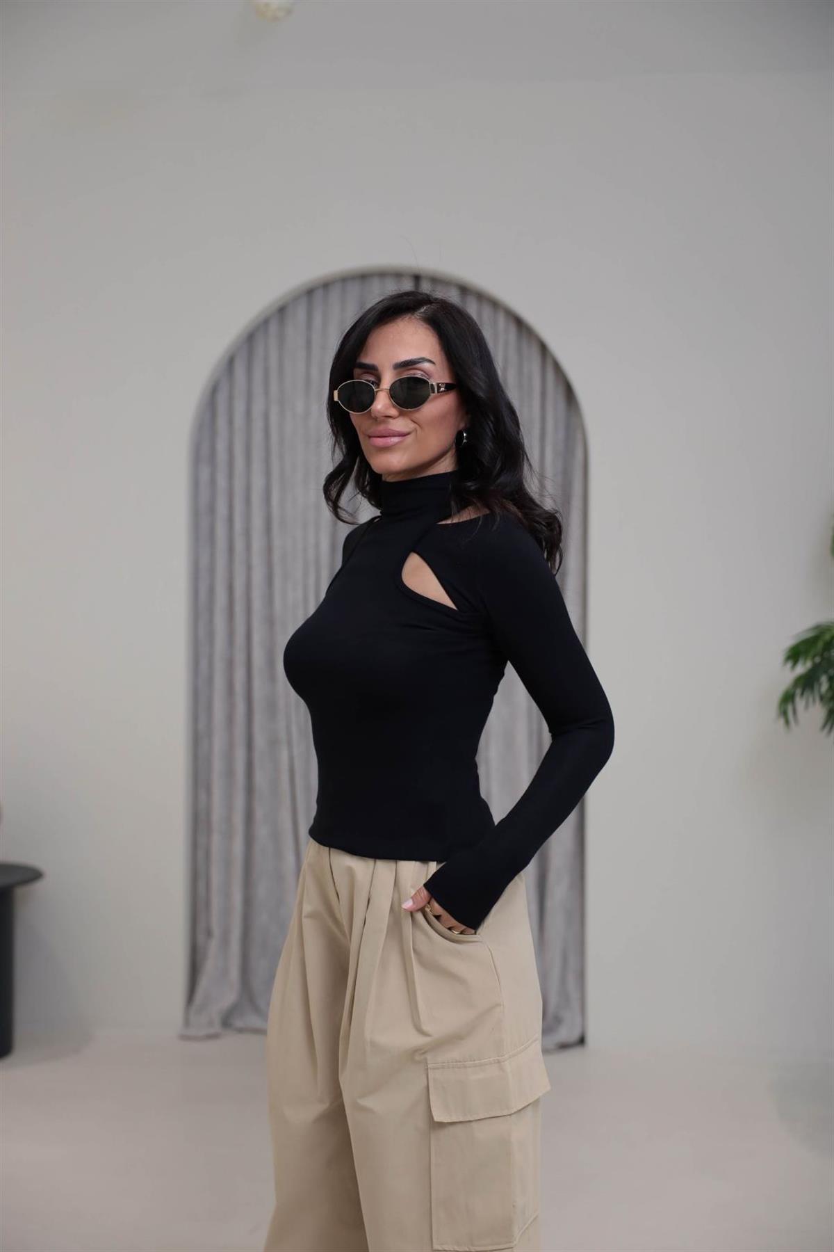 146 Dik Yaka Pencere Detaylı Uzun Kol Modal Bluz SİYAH