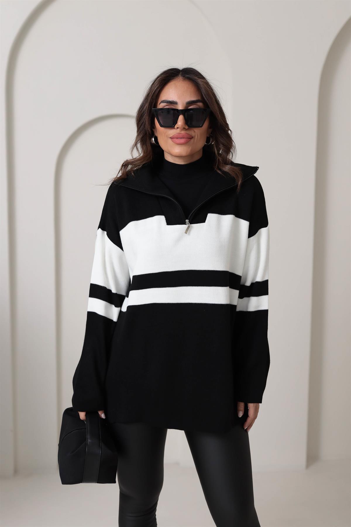 0011 Büyük Çizgili Fermuarlı Tunik Kazak SİYAH-EKRU