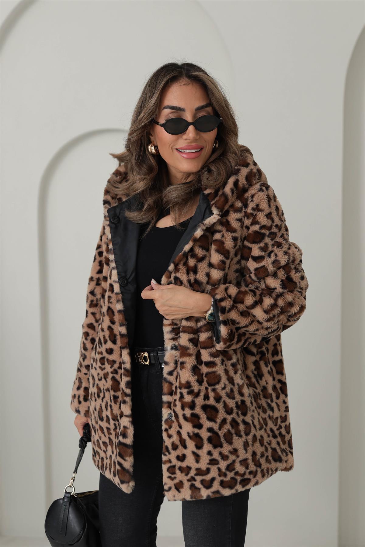 1139 Kapşonlu Kalın Kürk LEOPAR KAHVE
