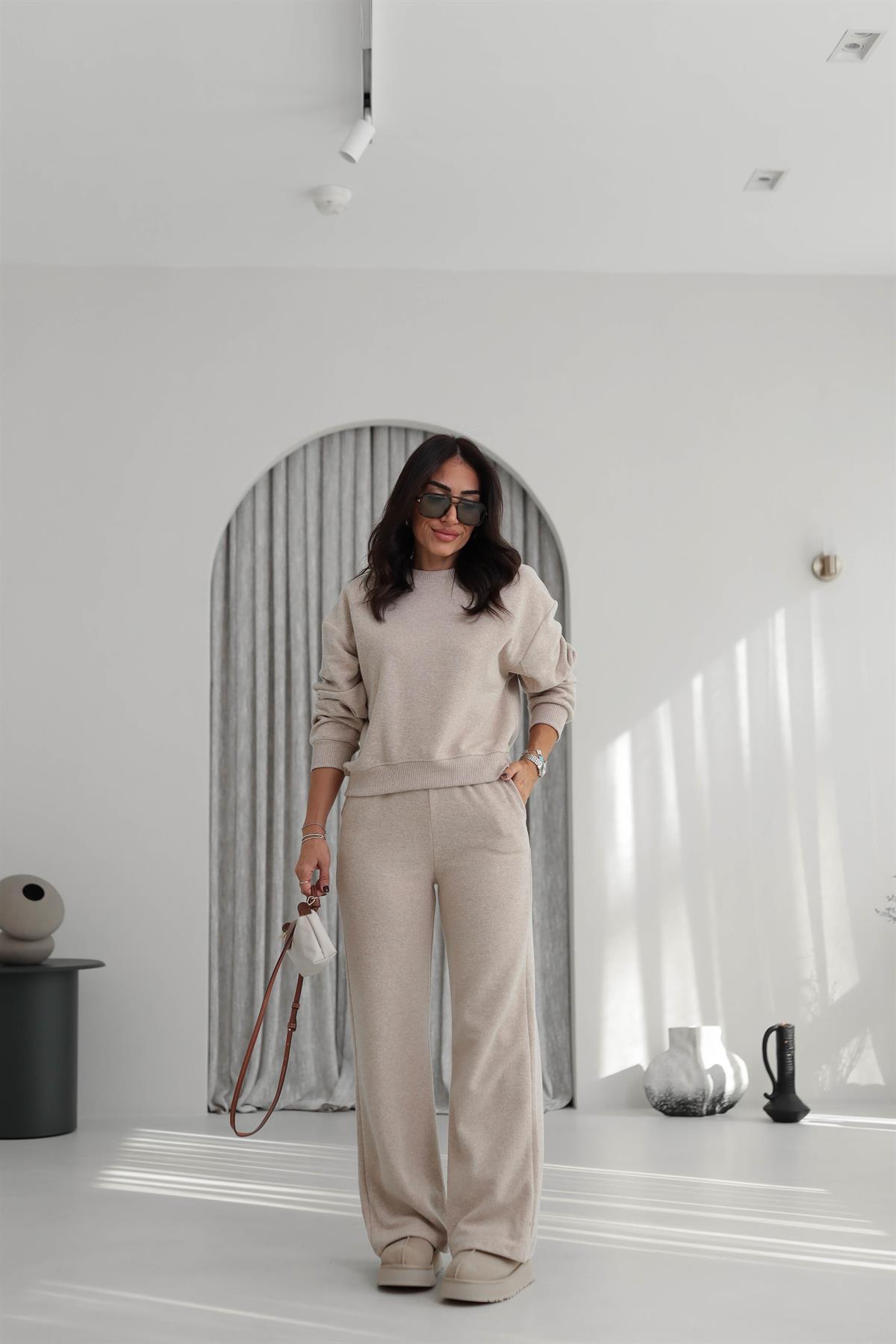 5231 Bisiklet Yaka Ribanalı Selanik Kumaş Takım BEJ