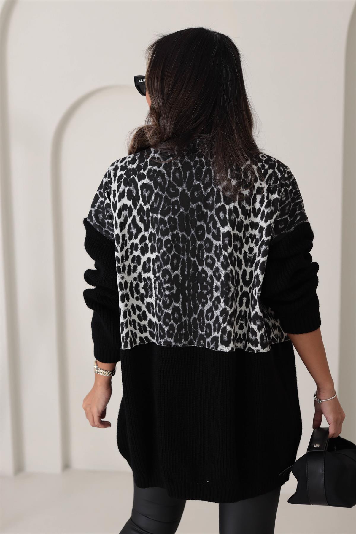 4139 Tasarım Triko ve Kot Garnili Ceket Hırka LEOPAR SİYAH