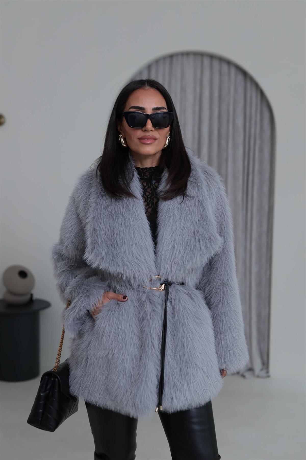 Yakalı Kemerli Suni Kürk Kaban GRİ