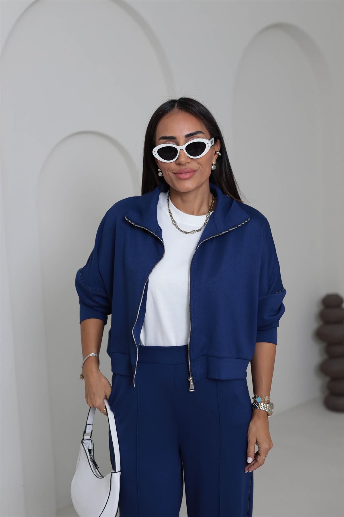 2378 Ceketi Fermuarlı Zincir Detay Modal Takım LACİVERT