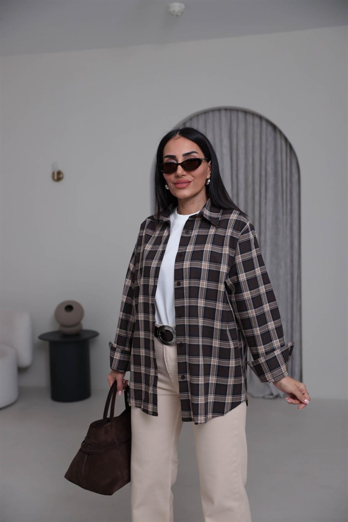 7124 Ekose Desen Pamuklu Oversize Gömlek KAHVE