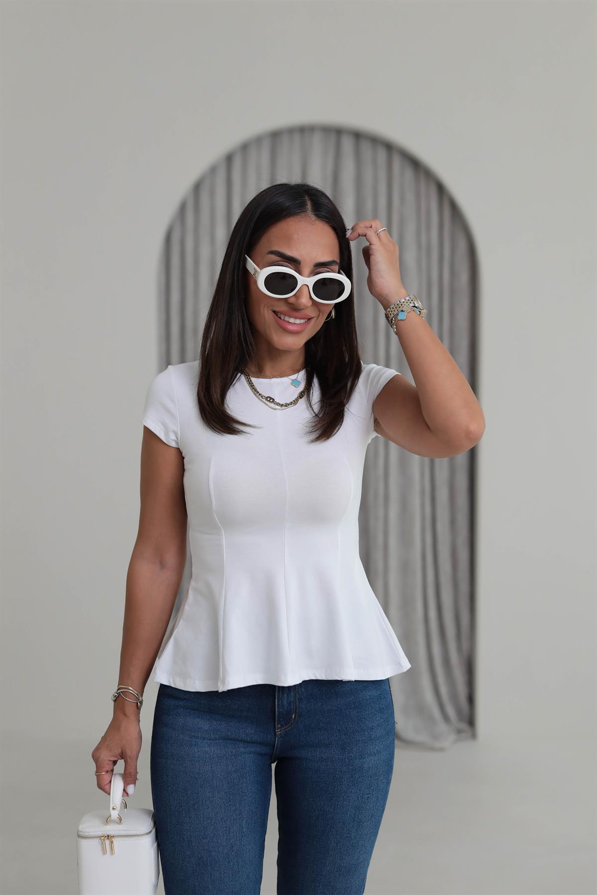 1992 Bisiklet Yaka Kısa Kol Peplum Tshirt BEYAZ