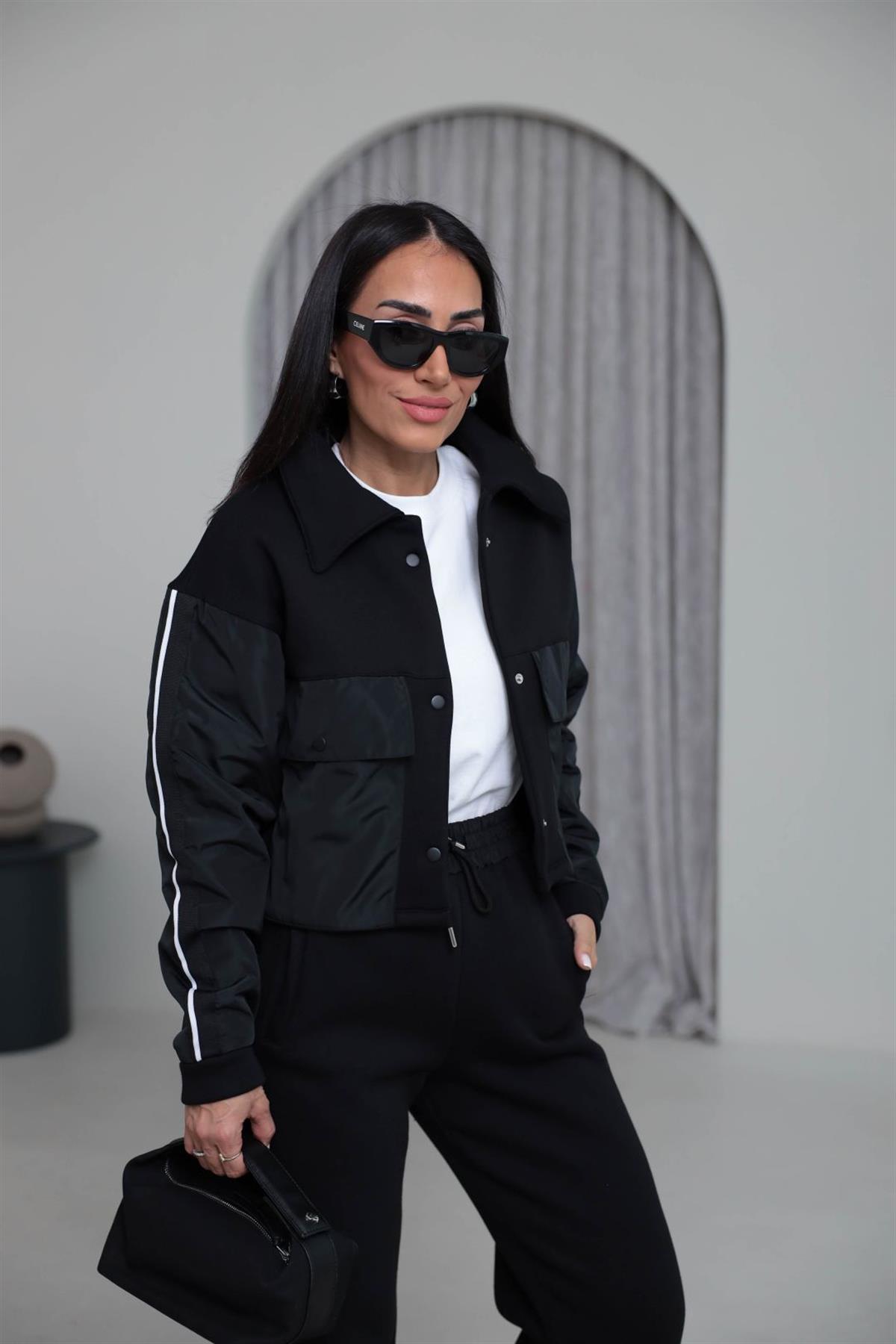 4076 Paraşüt Garnili 3 İplik Polo Yaka Çıtçıtlı Takım SİYAH