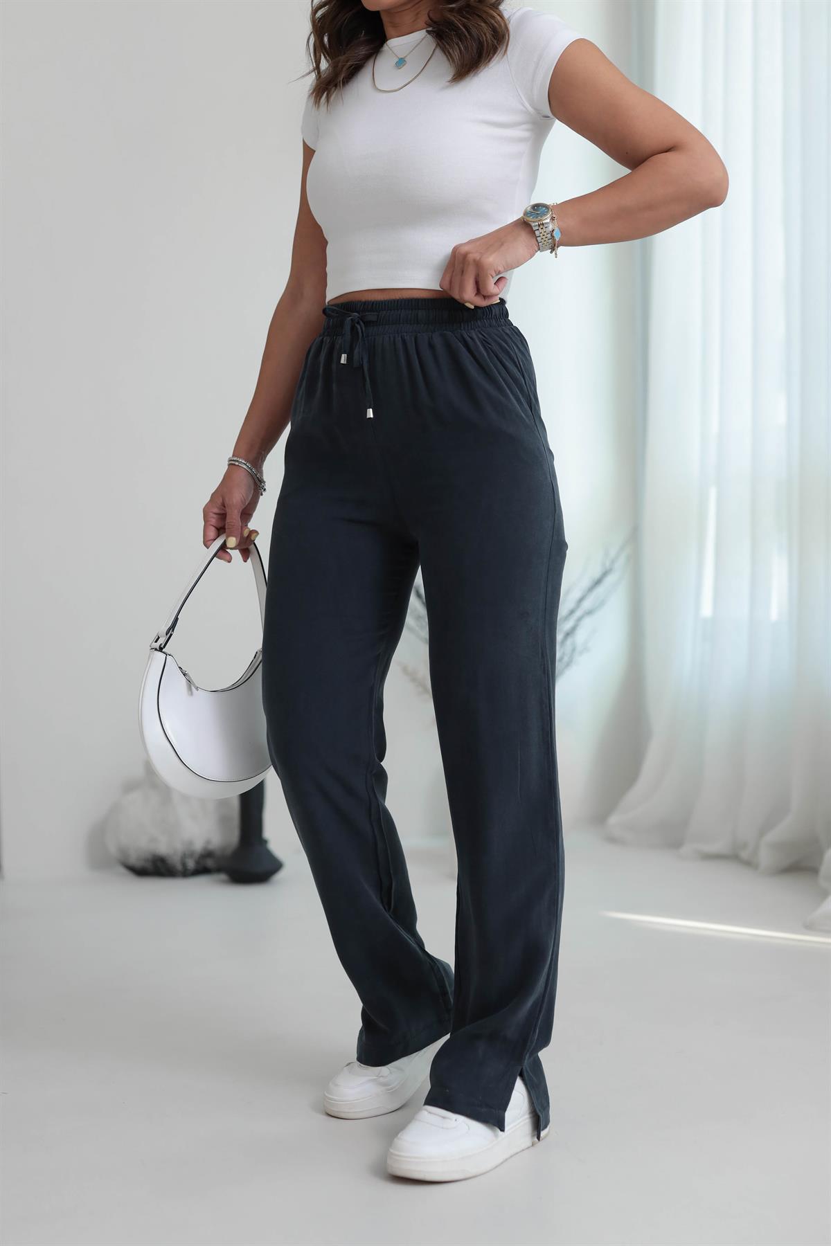 Paça Yırtmaçlı Bel Lastikli Tencel Pantolon ANTRASİT