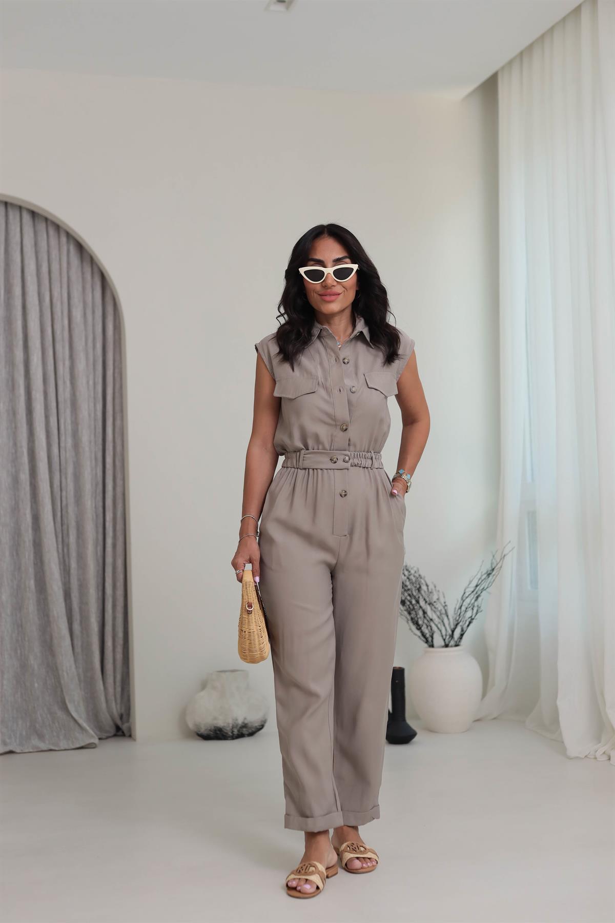 0107 Polo Yaka Kemerli Tencel Tulum AÇIK HAKİ