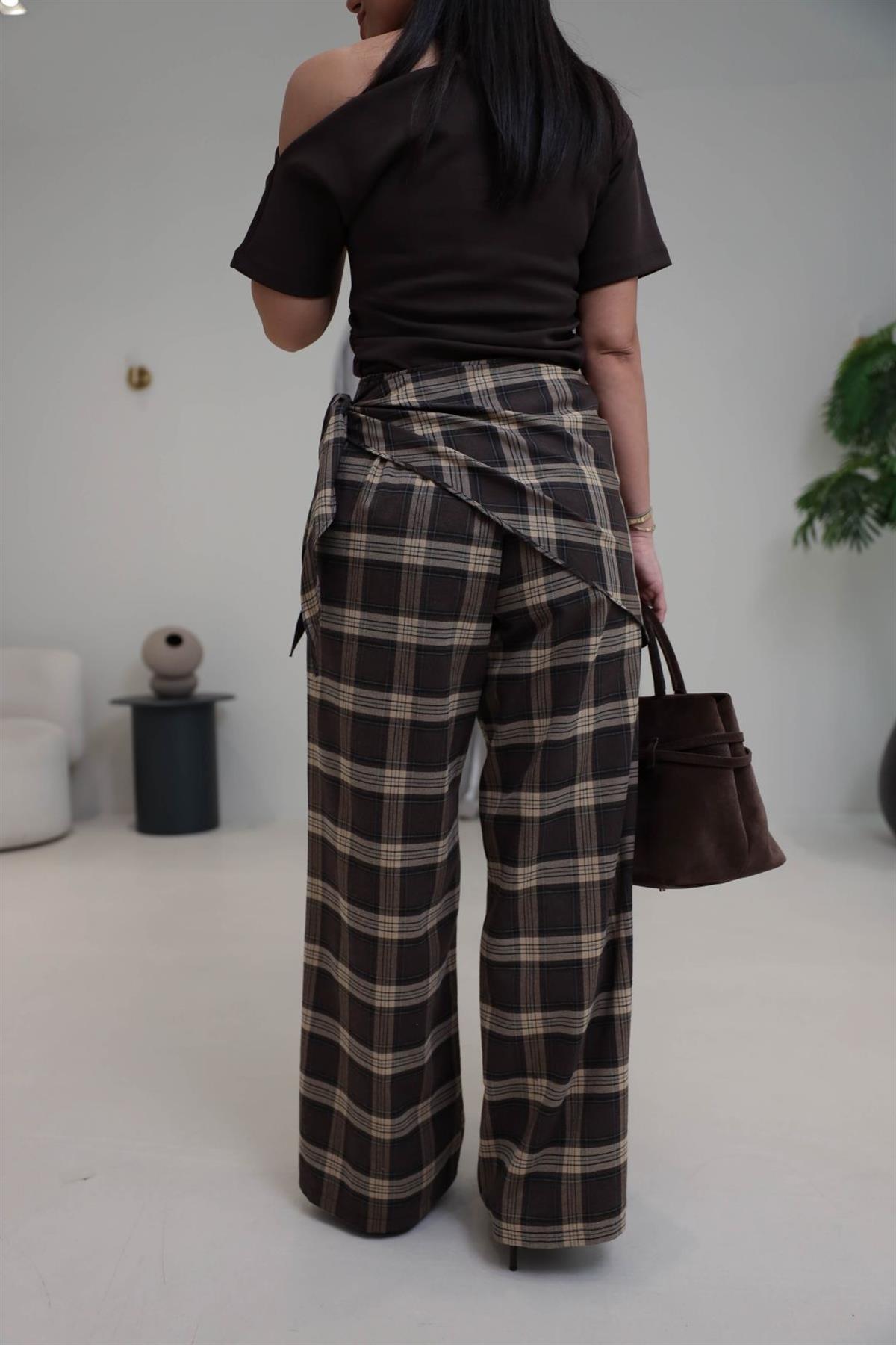 1508 Arka Bel Lastikli Bağlama Detaylı Ekose Pantolon KAHVE