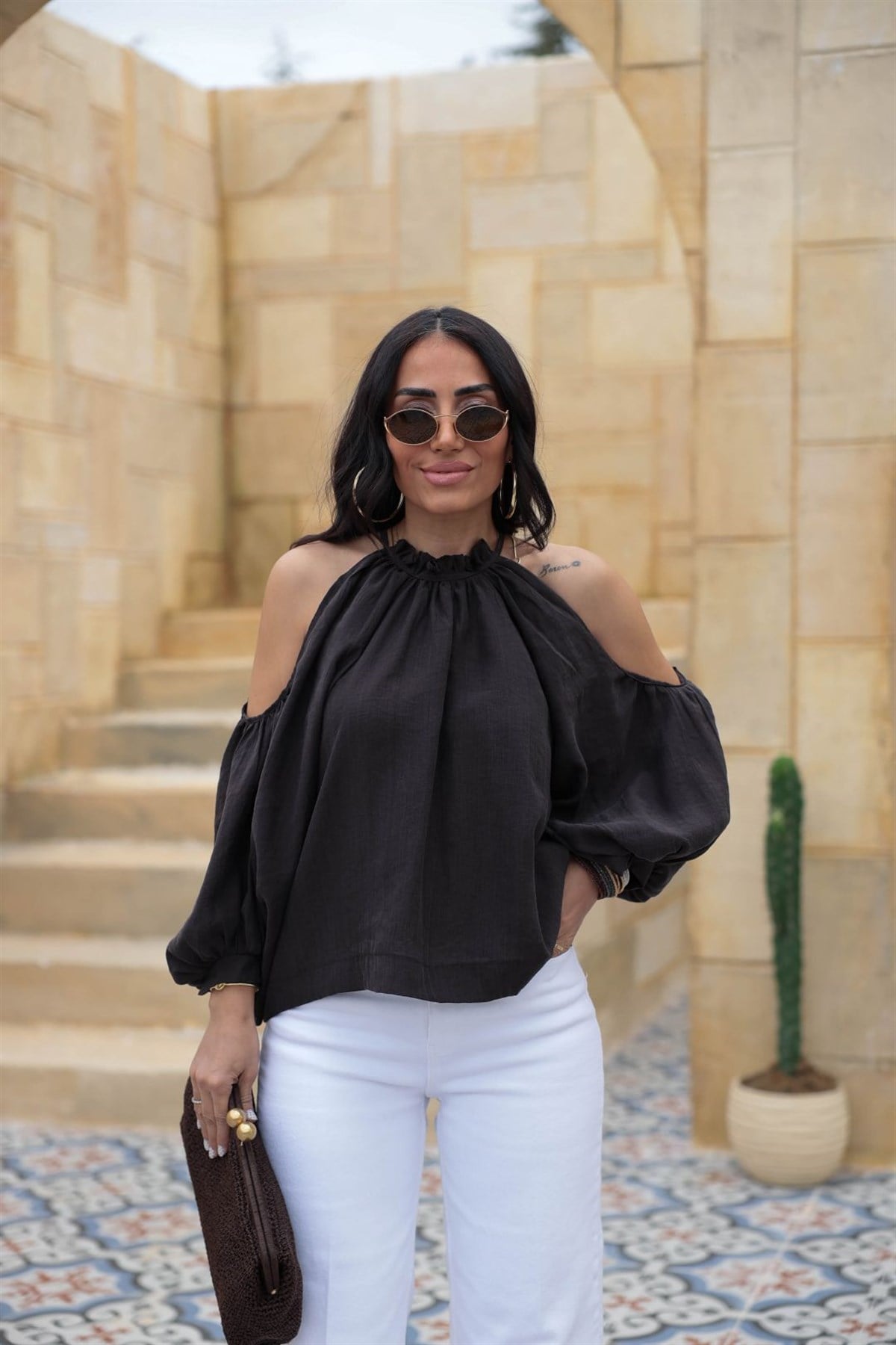 3264 Büzgülü Kol Dekolteli Bluz KAHVE