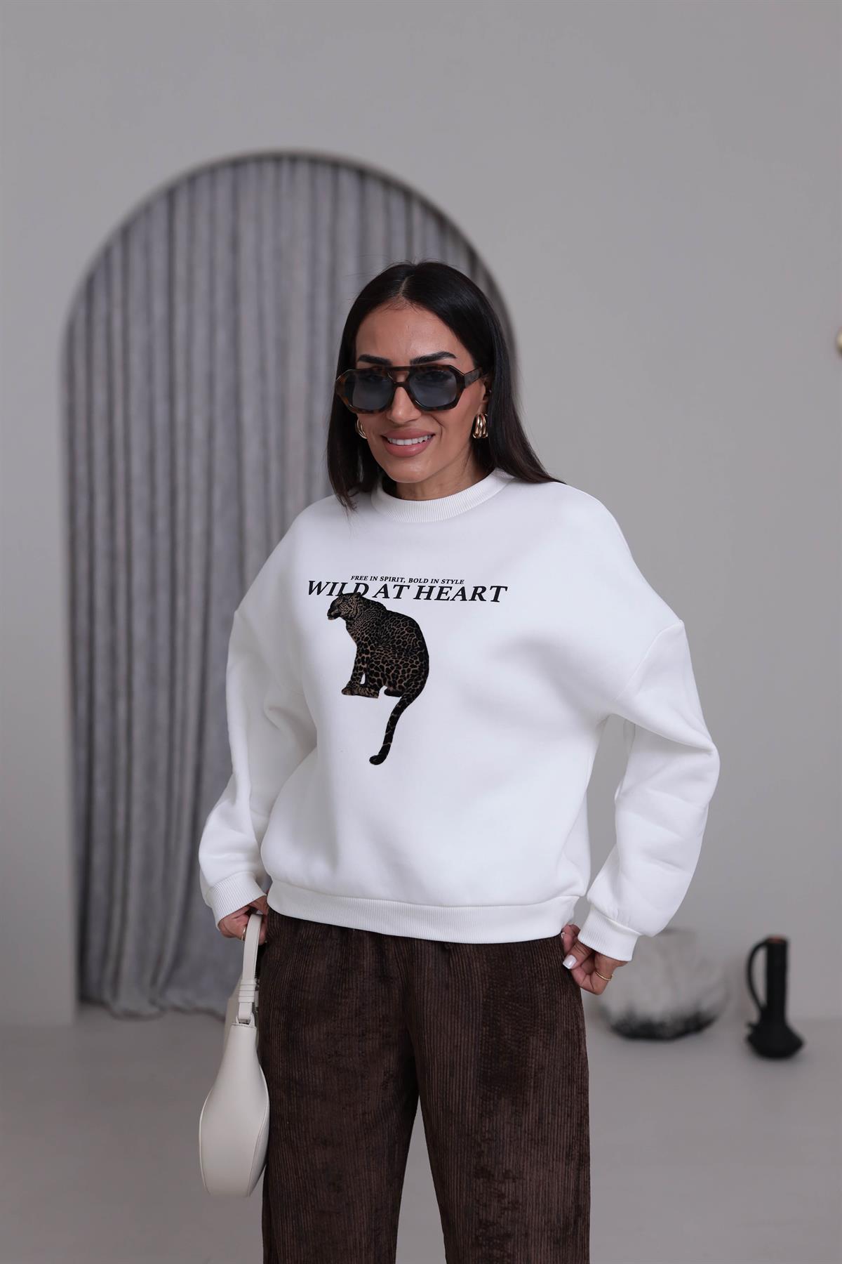 1074 Leopar Flok Baskılı Şardonlu Sweatshirt EKRU