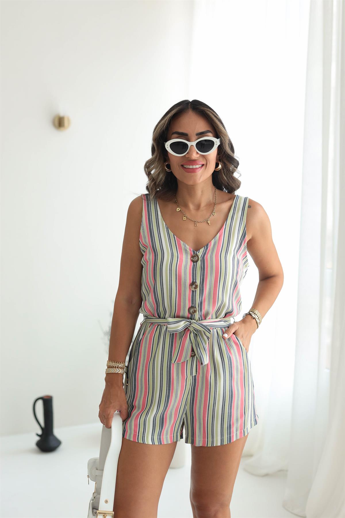 5088 Çizgili Şortlu Tulum