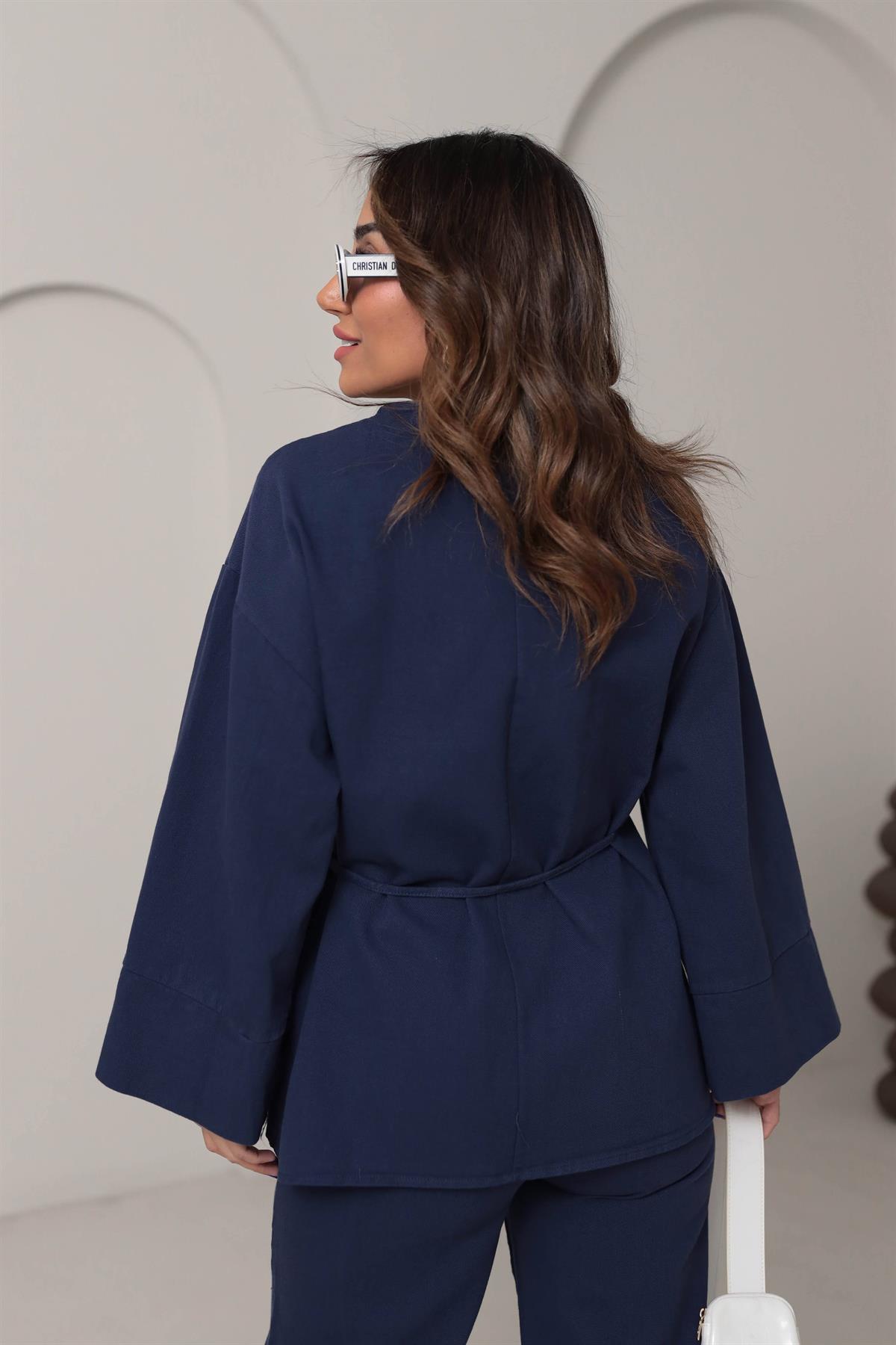 8629 Duble Kol Önden Bağlamalı Ceket & Pantolon Takım LACİVERT