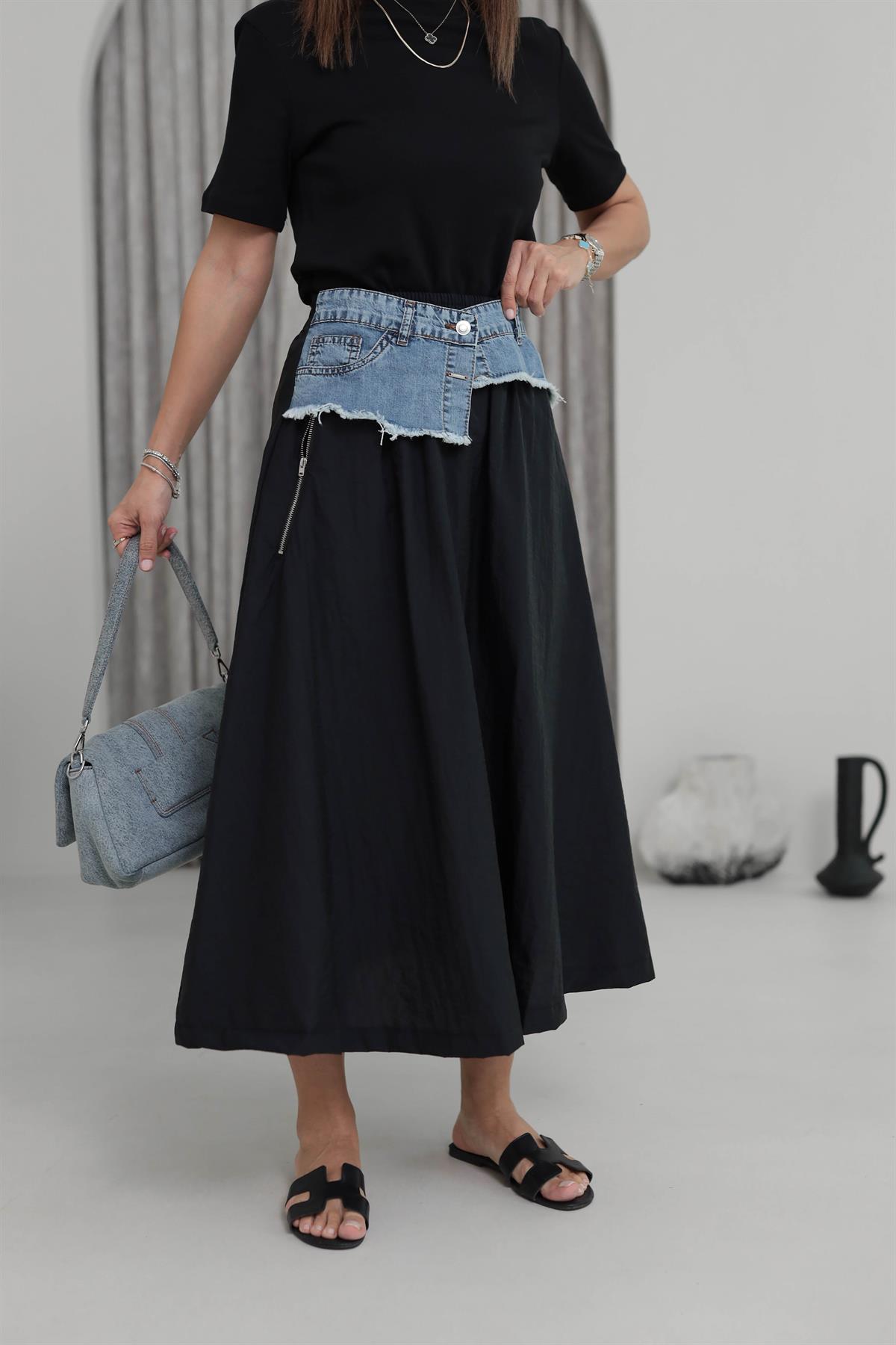 4620 Kot Detaylı Tasarım Etek SİYAH