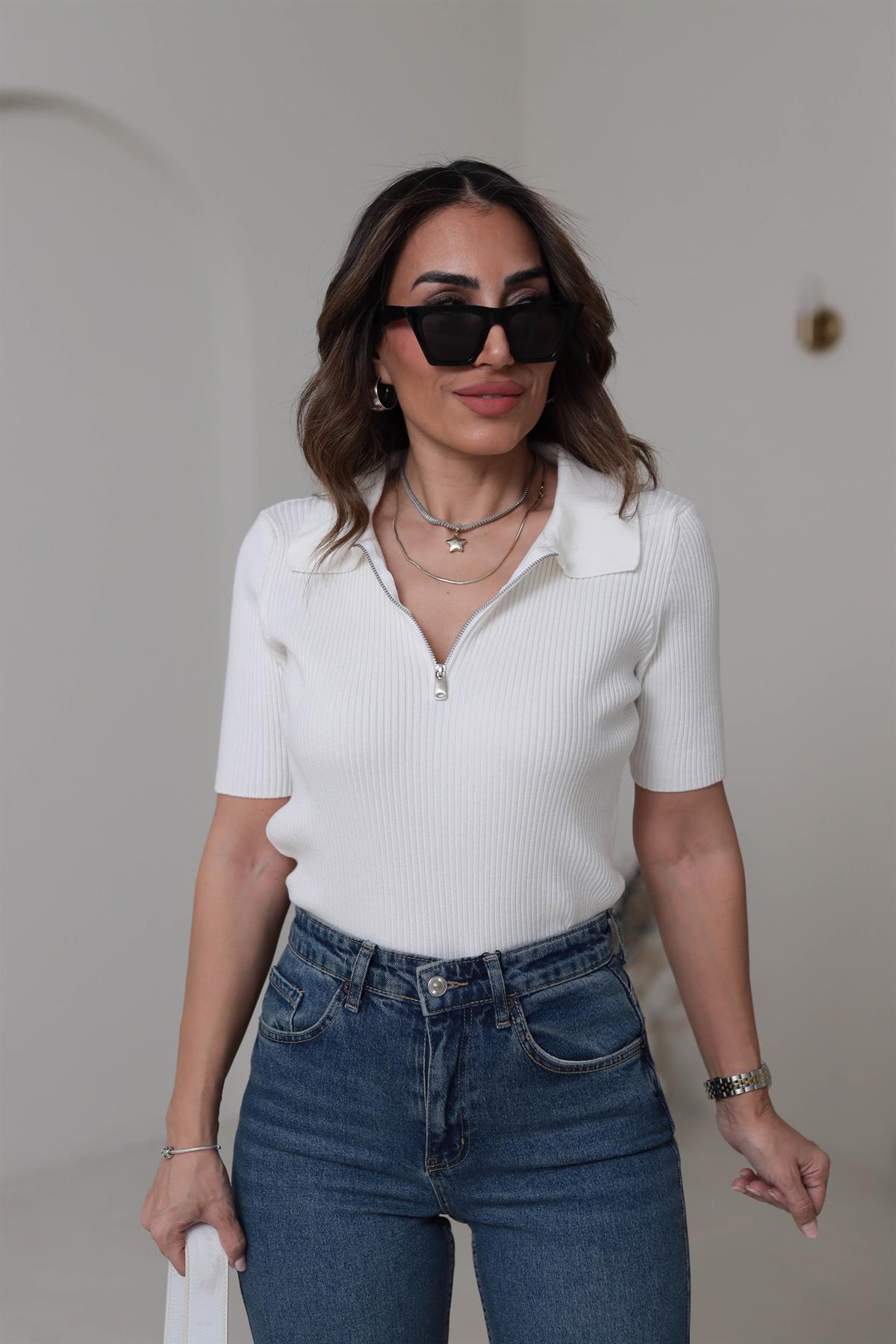 Yarım Fermuarlı Kısa Kol Fitilli Triko Buluz EKRU