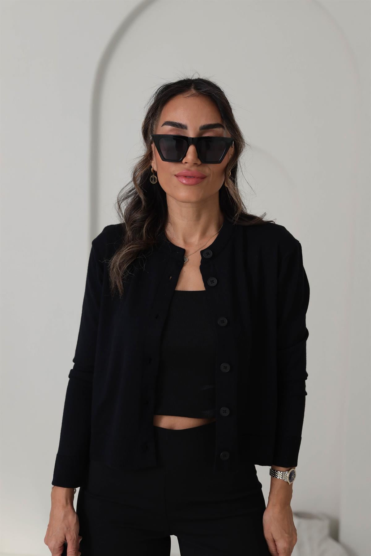 24058 Massi İpek Triko Düğmeli Hırka SİYAH