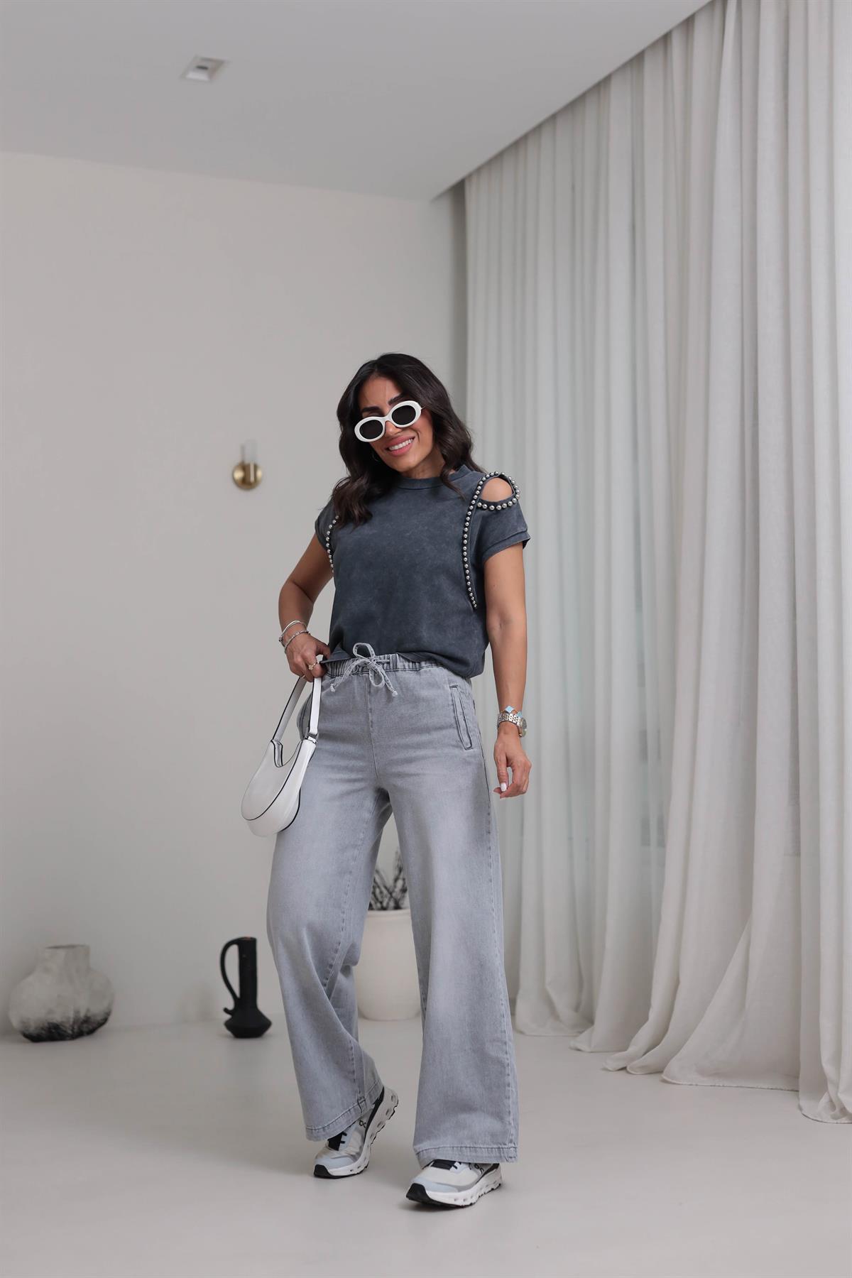 7089 Yıkamalı Boncuk Detay Pamuklu Tshirt FÜME