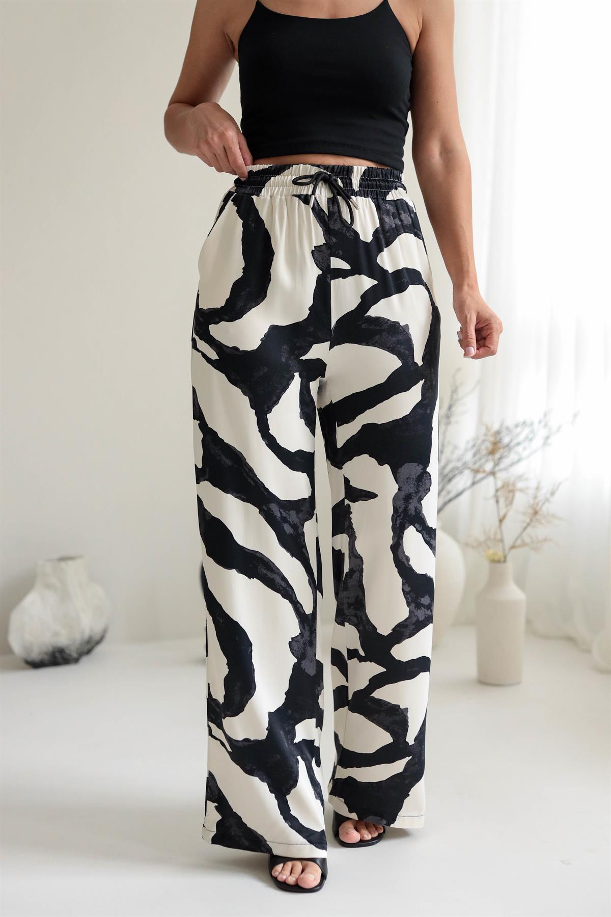 2921 Bel Lastikli Desenli Saten Pantolon