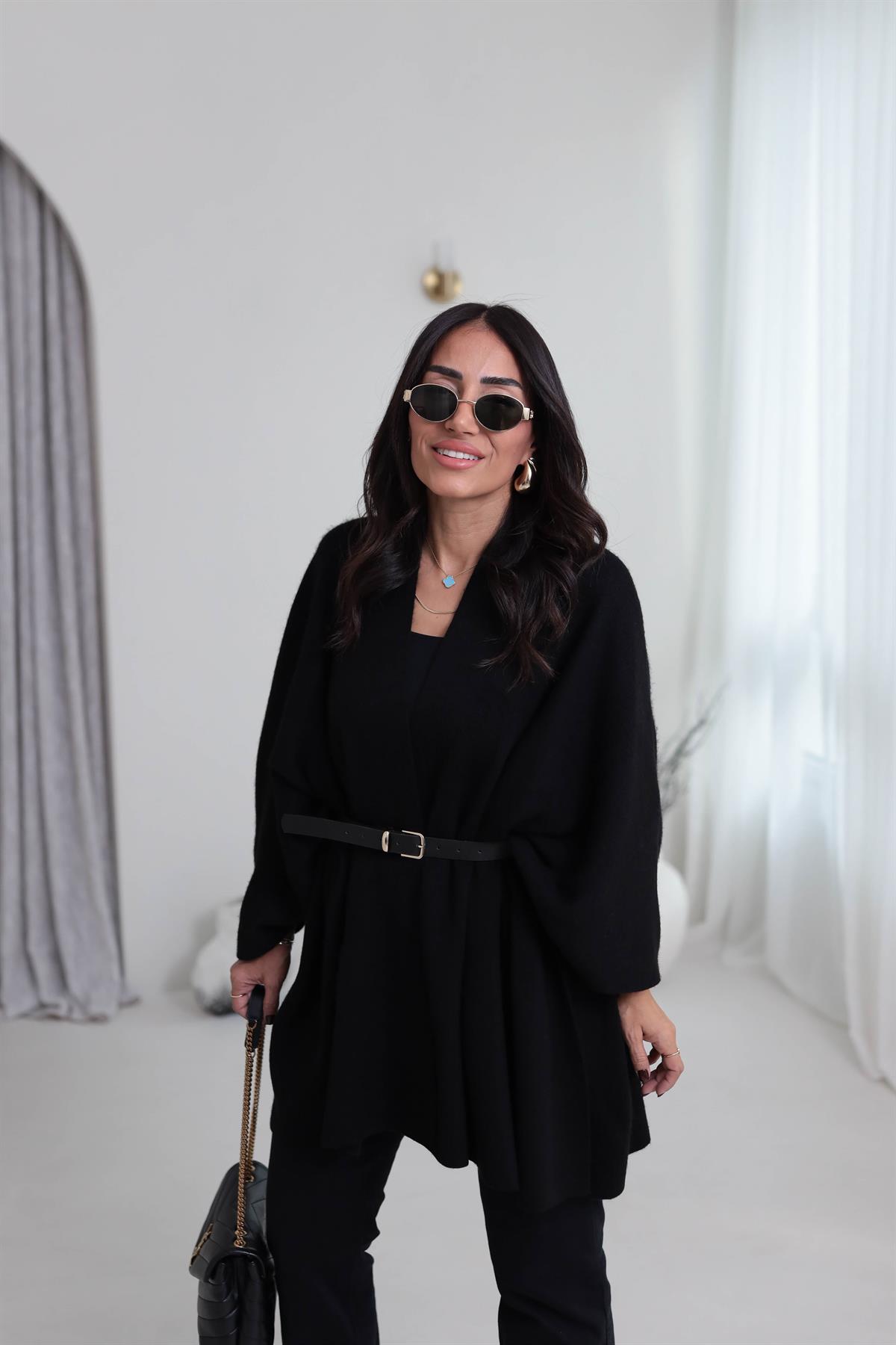 6840 Kemerli Triko Panço Şal SİYAH