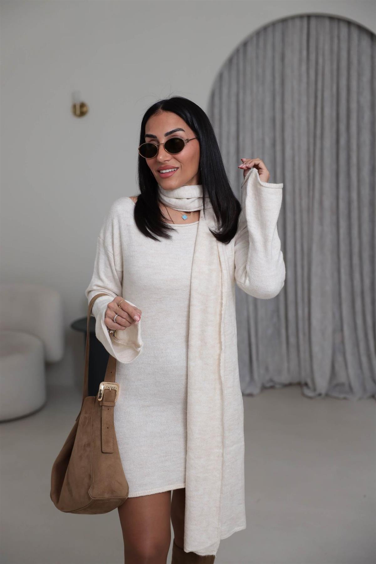 5251 Kayık Yaka Şallı Tunik TAŞ