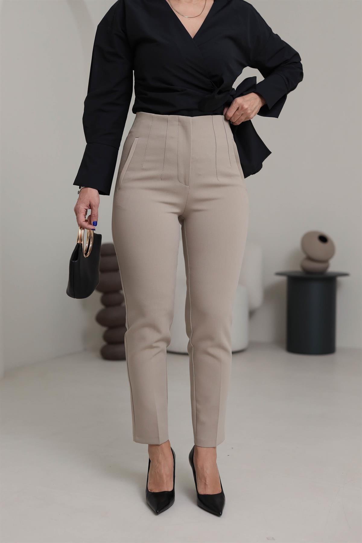 U5113-K Önü Flotalı Kumaş Pantolon BEJ