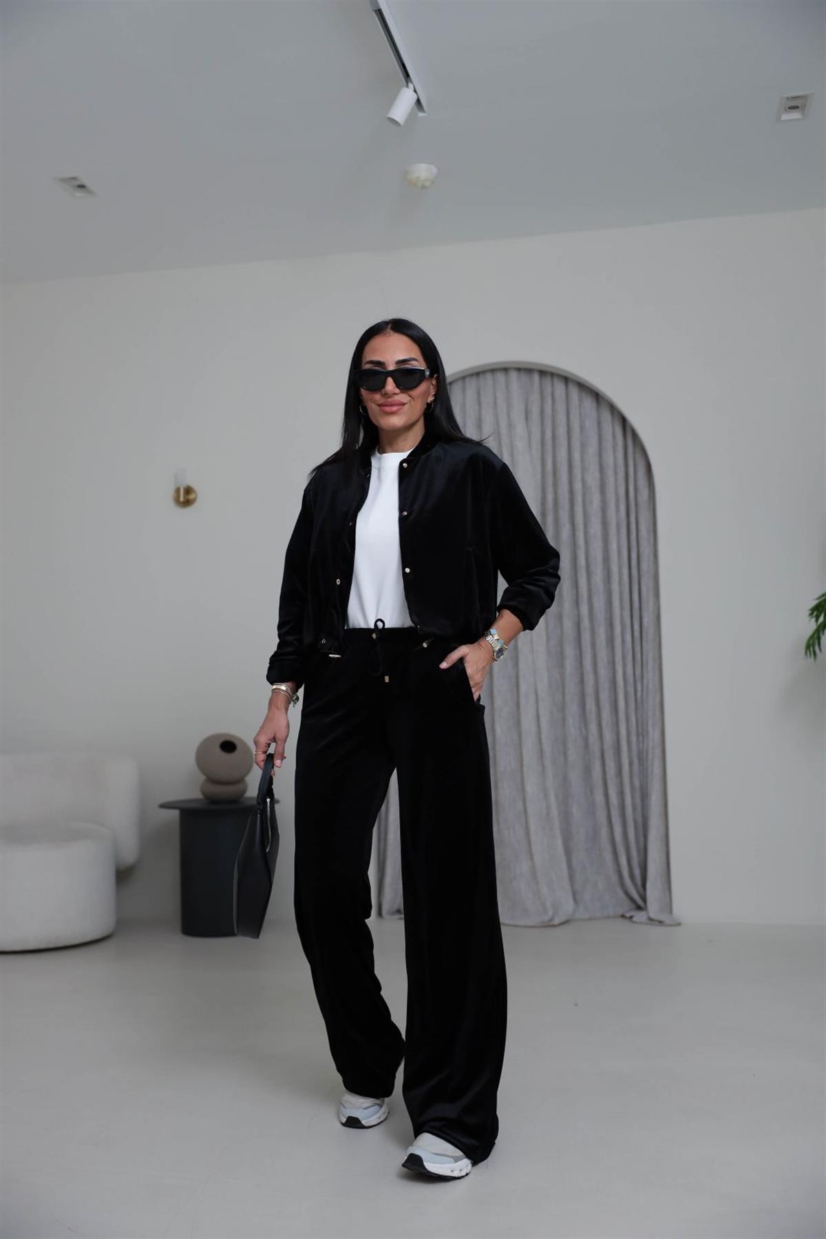 0109 Kadife Belden Büzgülü Çıtçıtlı Takım SİYAH