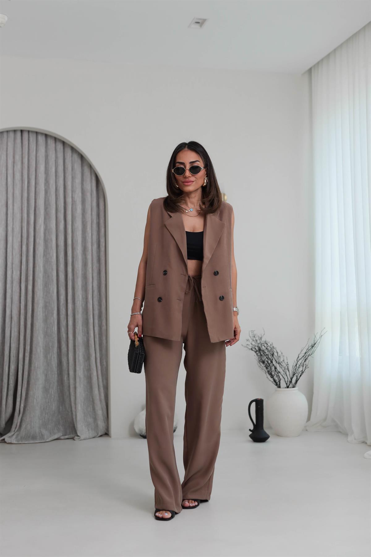 0382 Kruvaze Yaka Yelek Pantolon Tencel Takım KAHVE