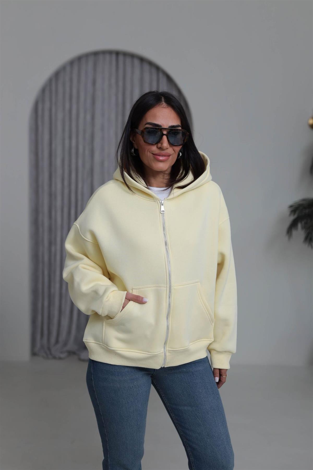 0822 Kapüşonlu Fermuarlı Şardonlu Sweatshirt SARI
