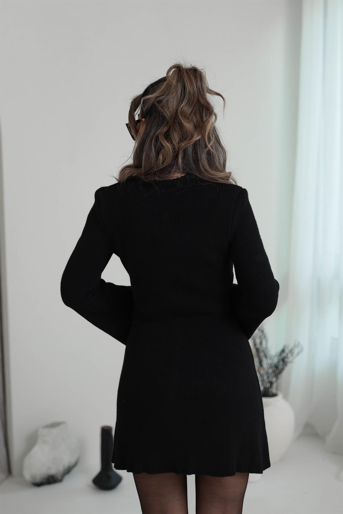 0021 Gold Düğme Detaylı Triko Elbise SİYAH