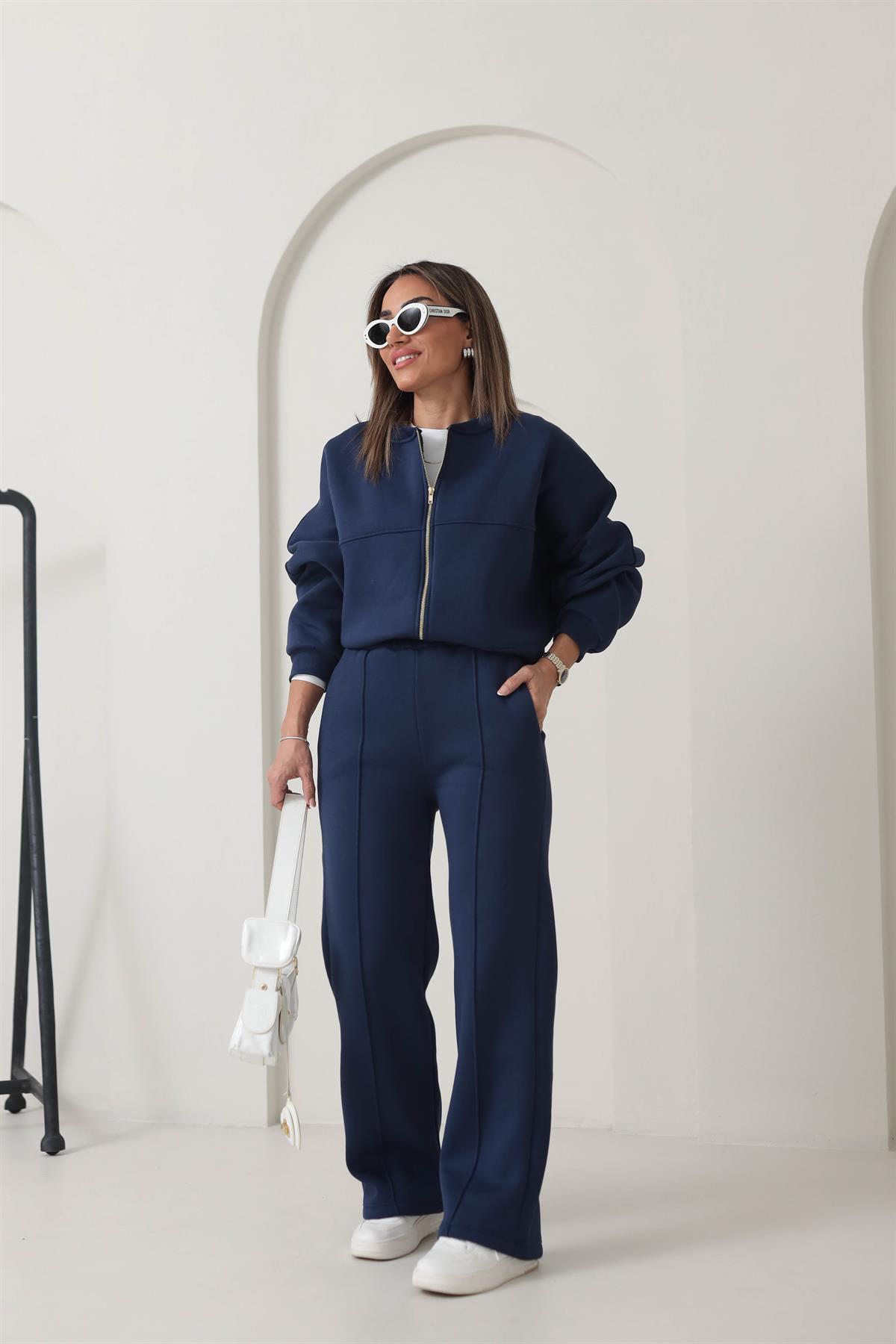 Fermuarlı Çimalı 3iplik Şardonlu Takım LACİVERT