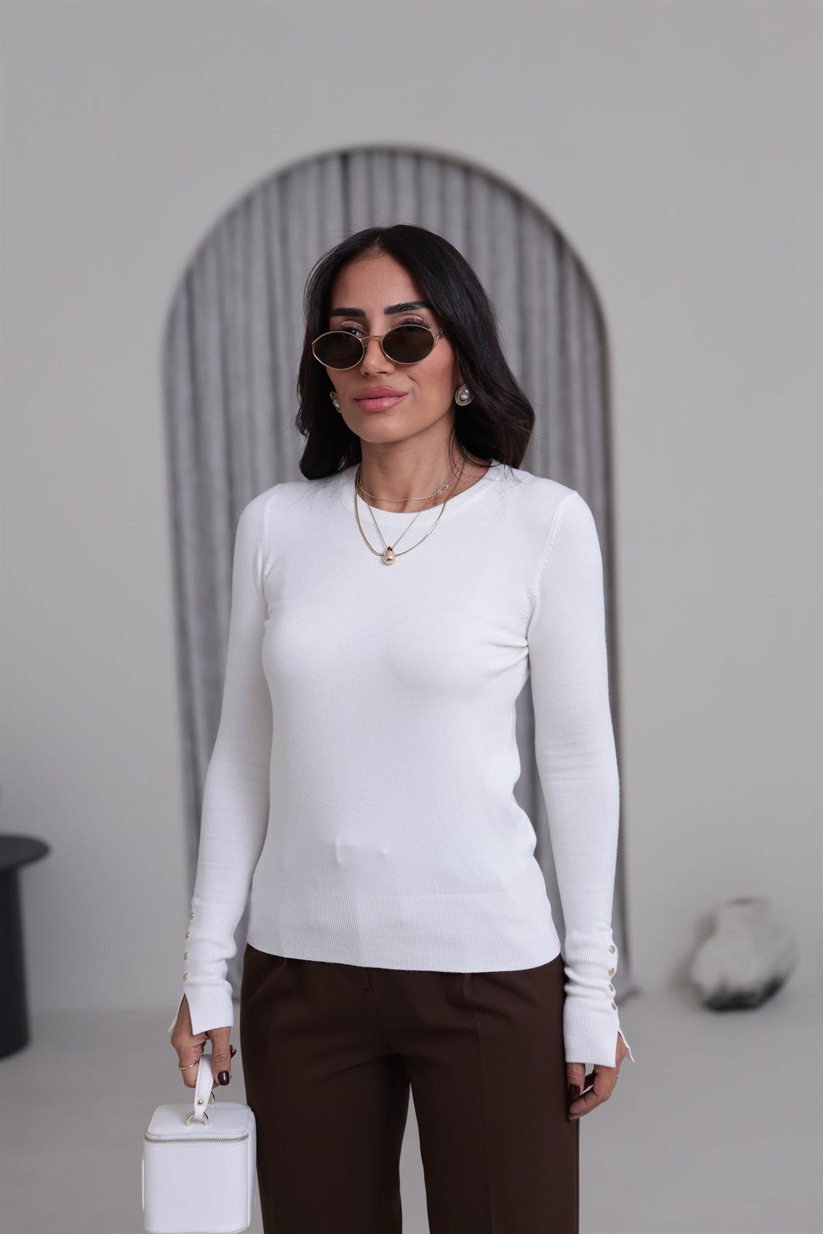 1267 Bisiklet Yaka Droplu Triko Kazak EKRU