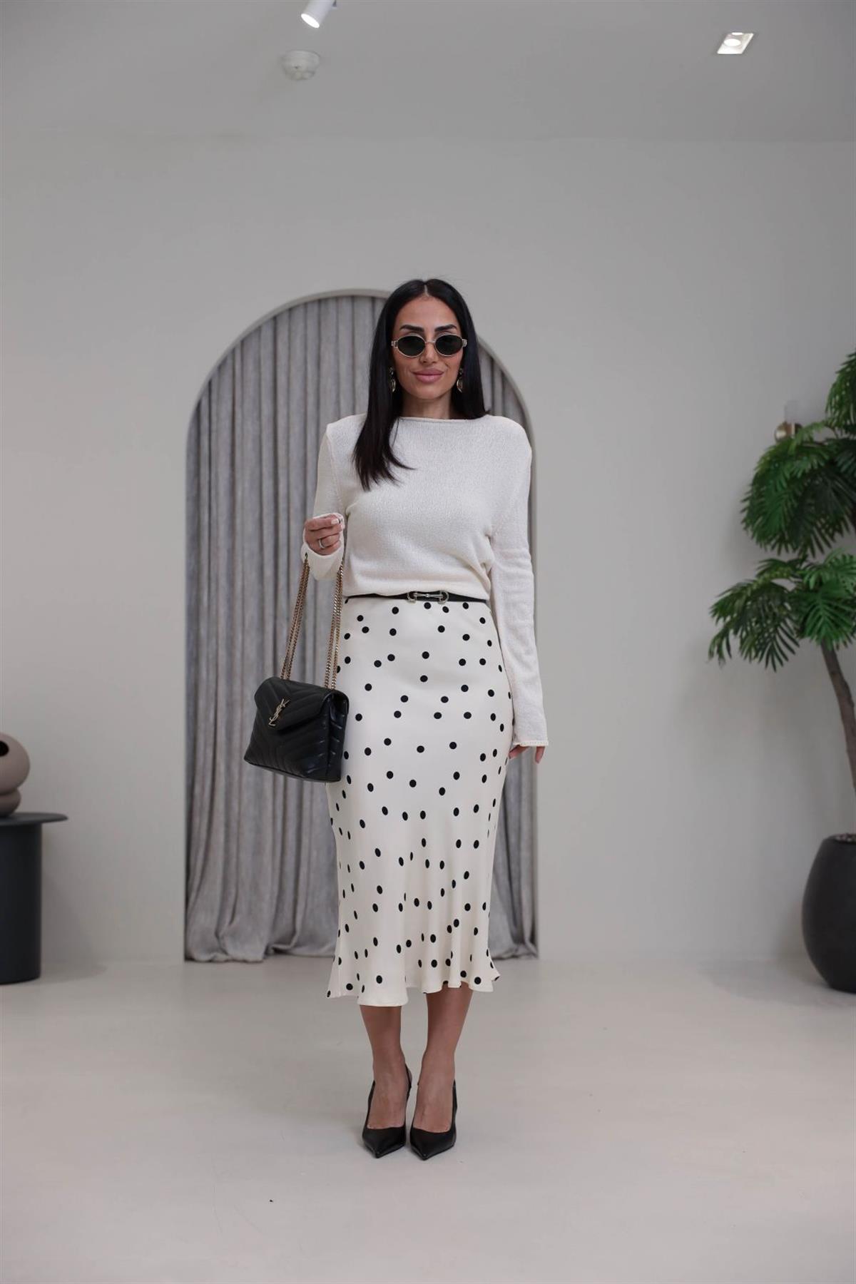 8165 Puantiye Desenli Verev İpek Saten Etek KREM