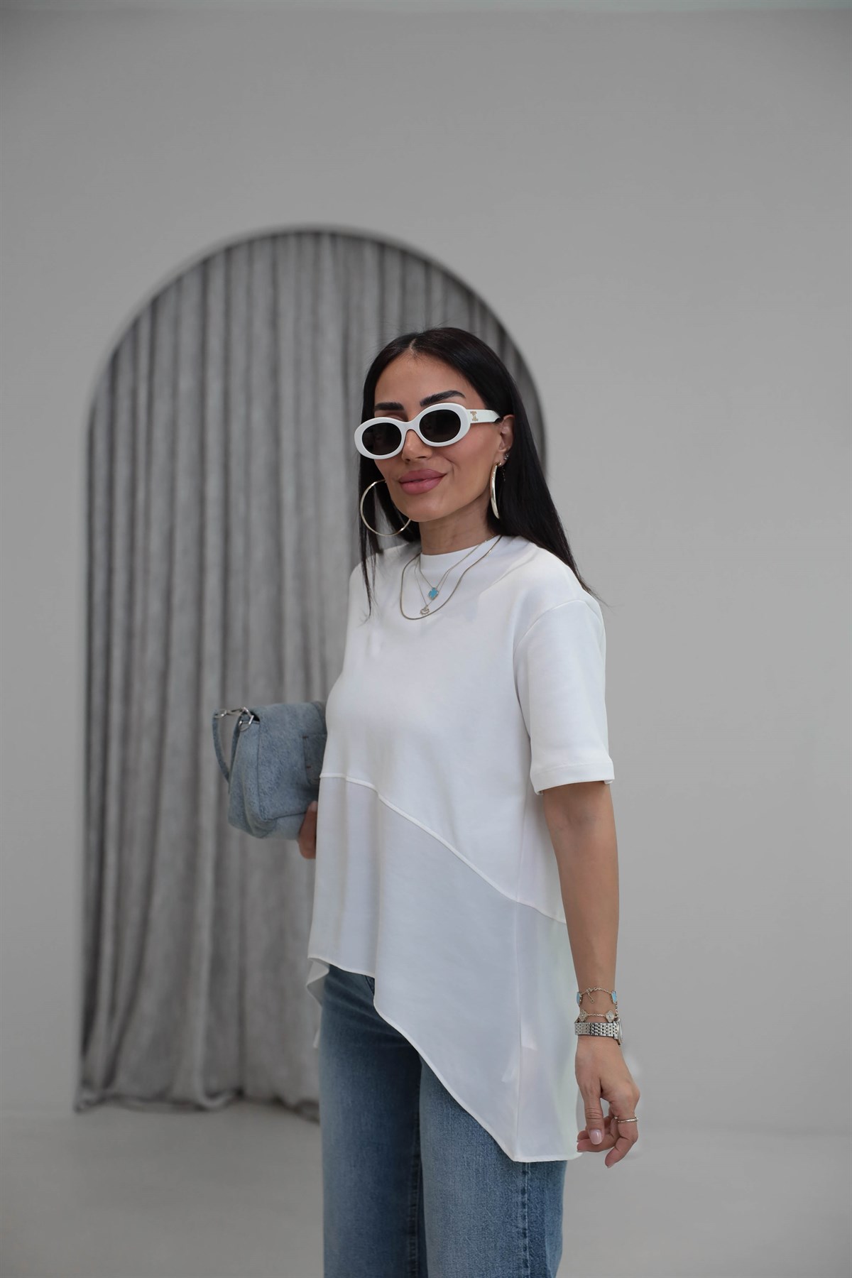 8204 Bisiklet Yaka Tencel Garnili Dökümlü Tshirt EKRU