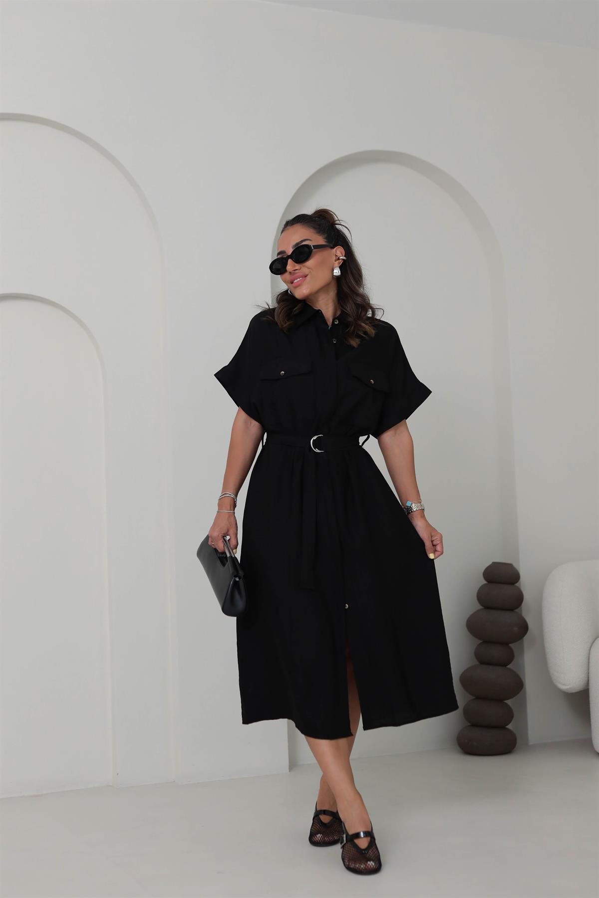 0236 Cep Kapaklı Kemerli Kısa Kol Gömlek Elbise SİYAH