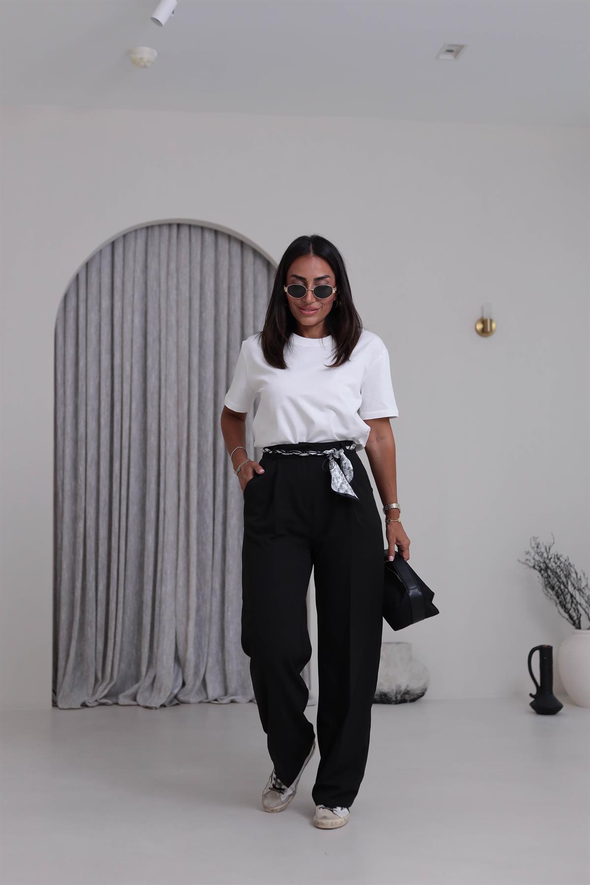 0522 Fularlı Kemerli Palazzo Pantolon SİYAH