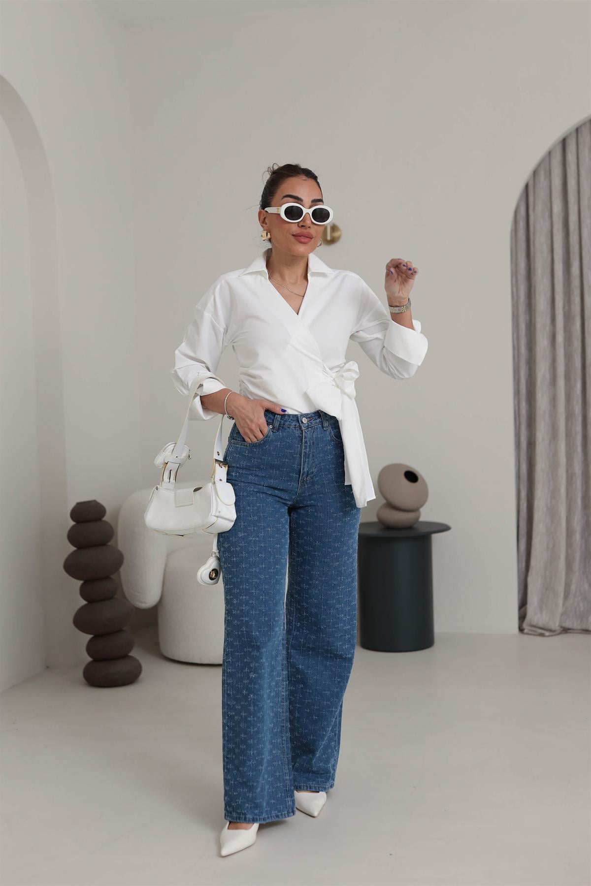 D-786 Eskitme Detaylı Palazzo Jean Pantolon MAVİ