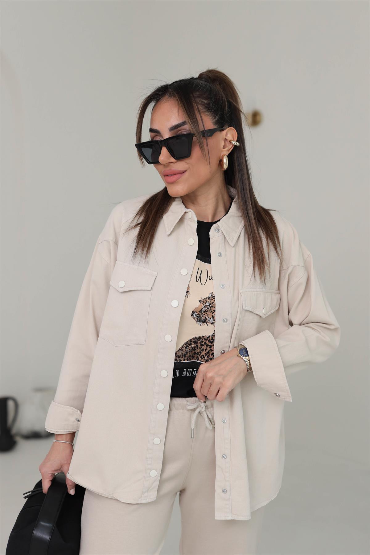 1344 Cep Kapaklı Gabardin Gömlek TAŞ