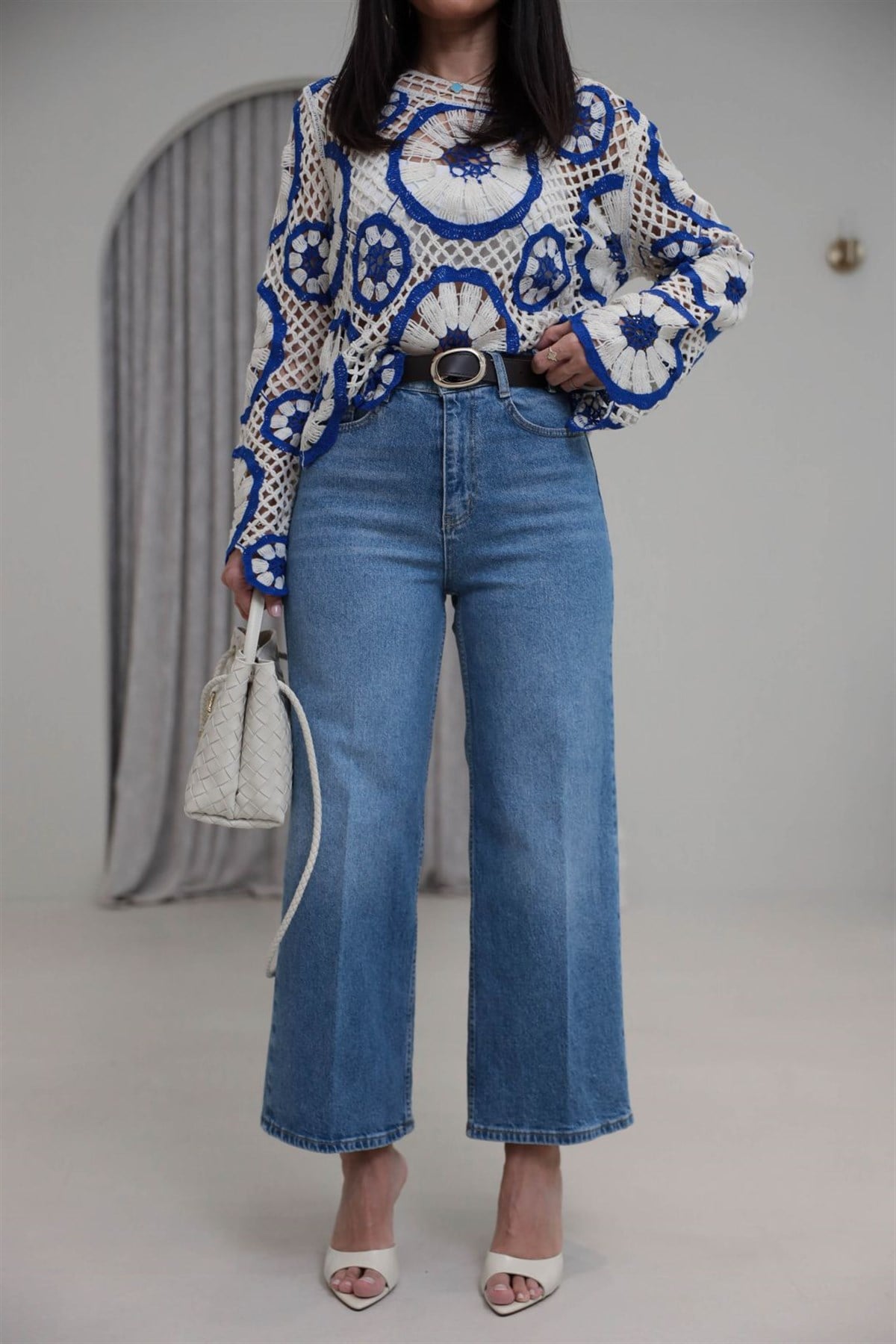 Kemerli Yüksek Bel Culotte Jean MAVİ