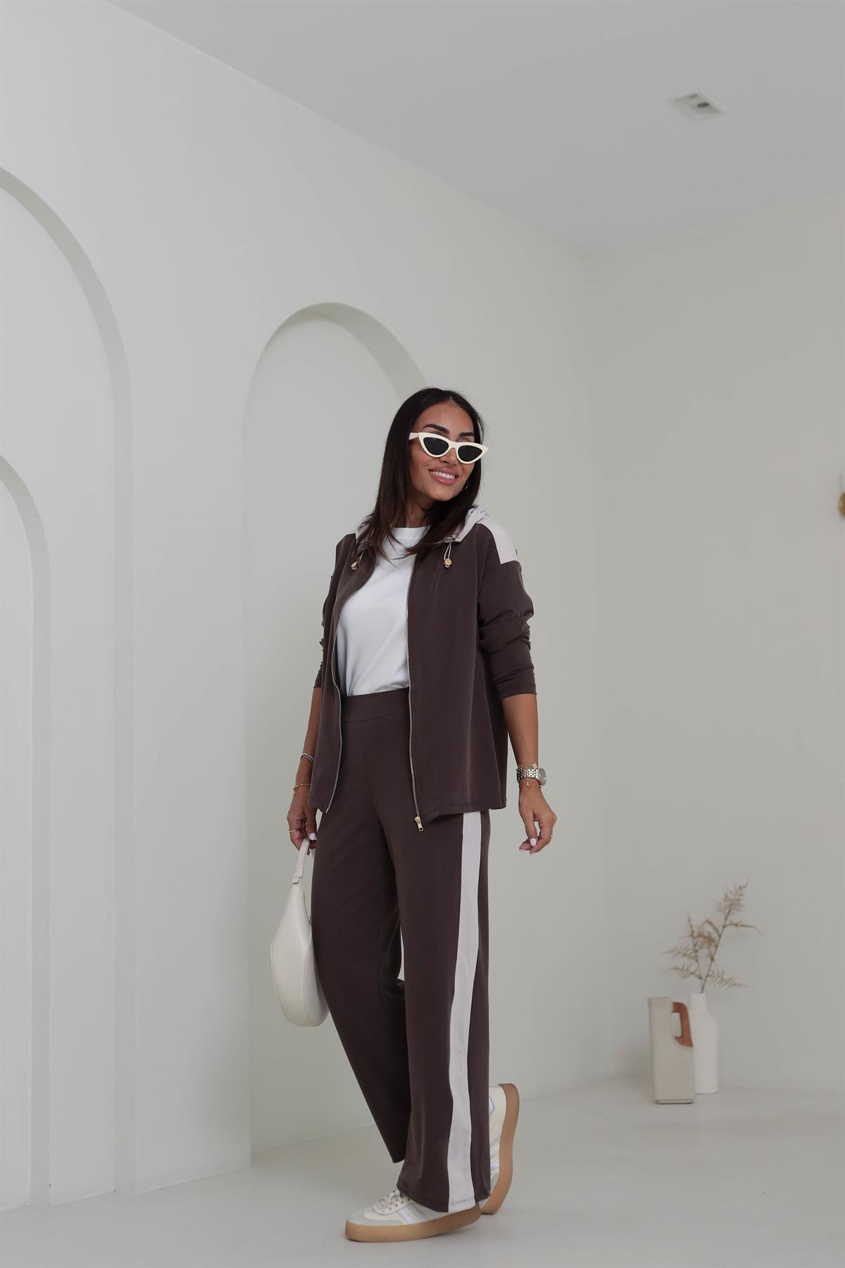 2003 Garnili Fermuarlı Kapşonlu Pike Modal Takım KAHVE