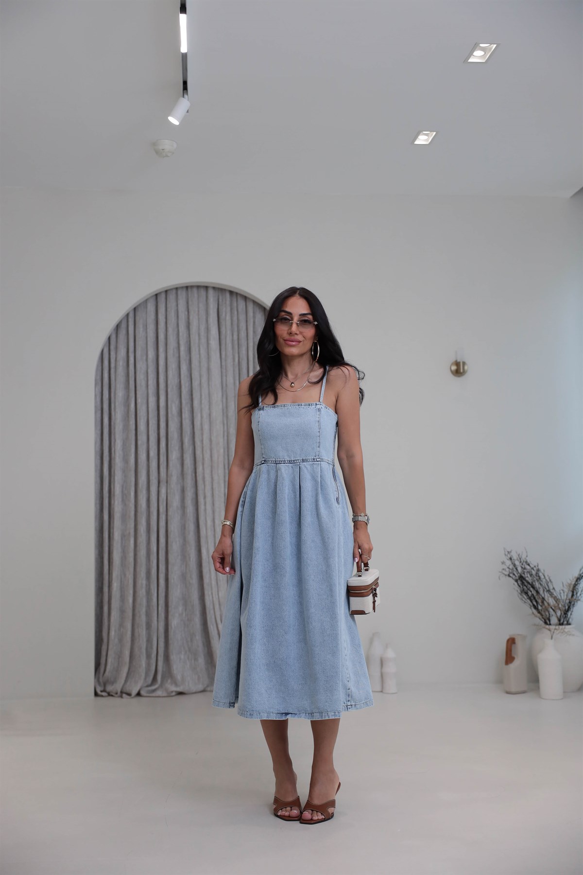 811 İp Askılı Denim Elbise BUZ MAVİ