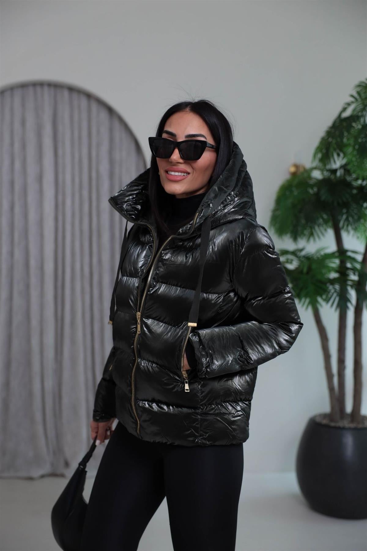 2262 Kapşonlu Parlak Dokulu Şişme Mont KOYU YEŞİL