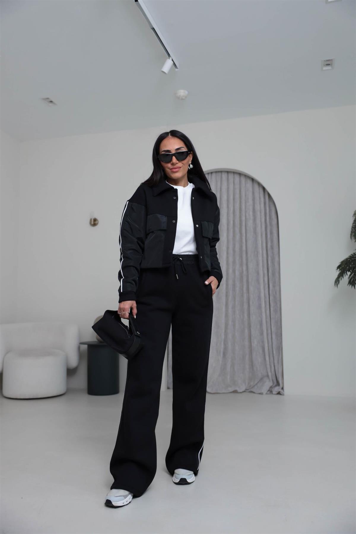 4076 Paraşüt Garnili 3 İplik Polo Yaka Çıtçıtlı Takım SİYAH