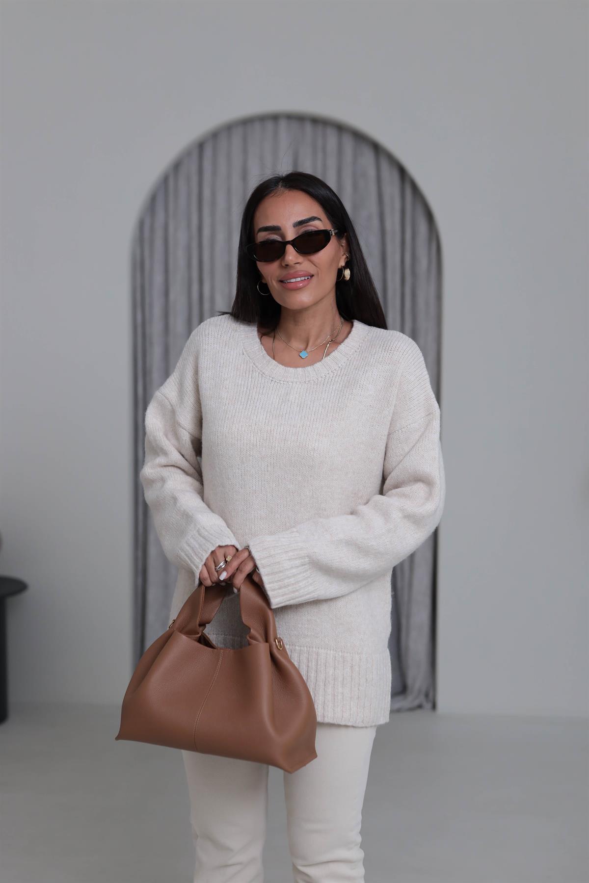 0100 Bisiklet Yaka Oversize Düz Kazak TAŞ