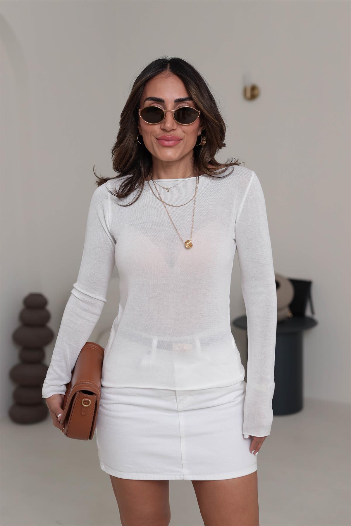 Havuz Yaka İnce Merserize Triko Bluz BEYAZ