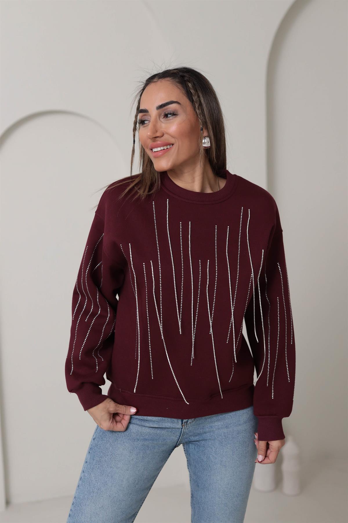 5653 Taş Zincir Detaylı Şardonlu Sweatshirt BORDO