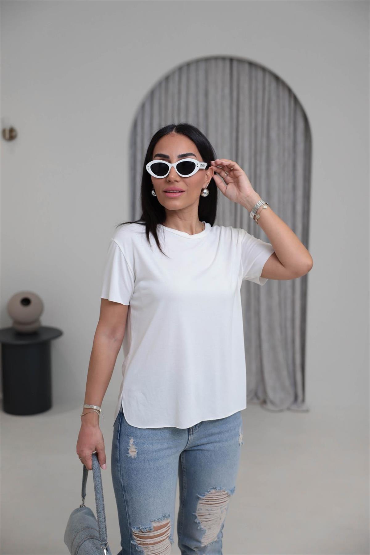 1020 Oys Lazer Kesikli Modal Tshirt EKRU