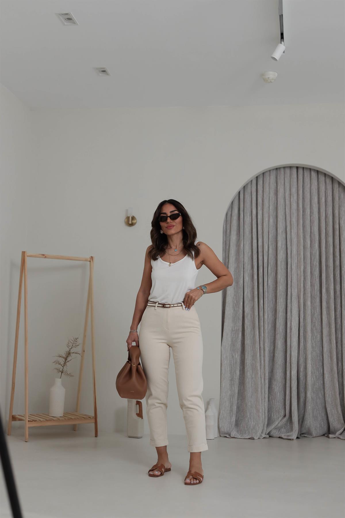 1651 Kemerli Pamuklu Likralı Chino Pantolon TAŞ