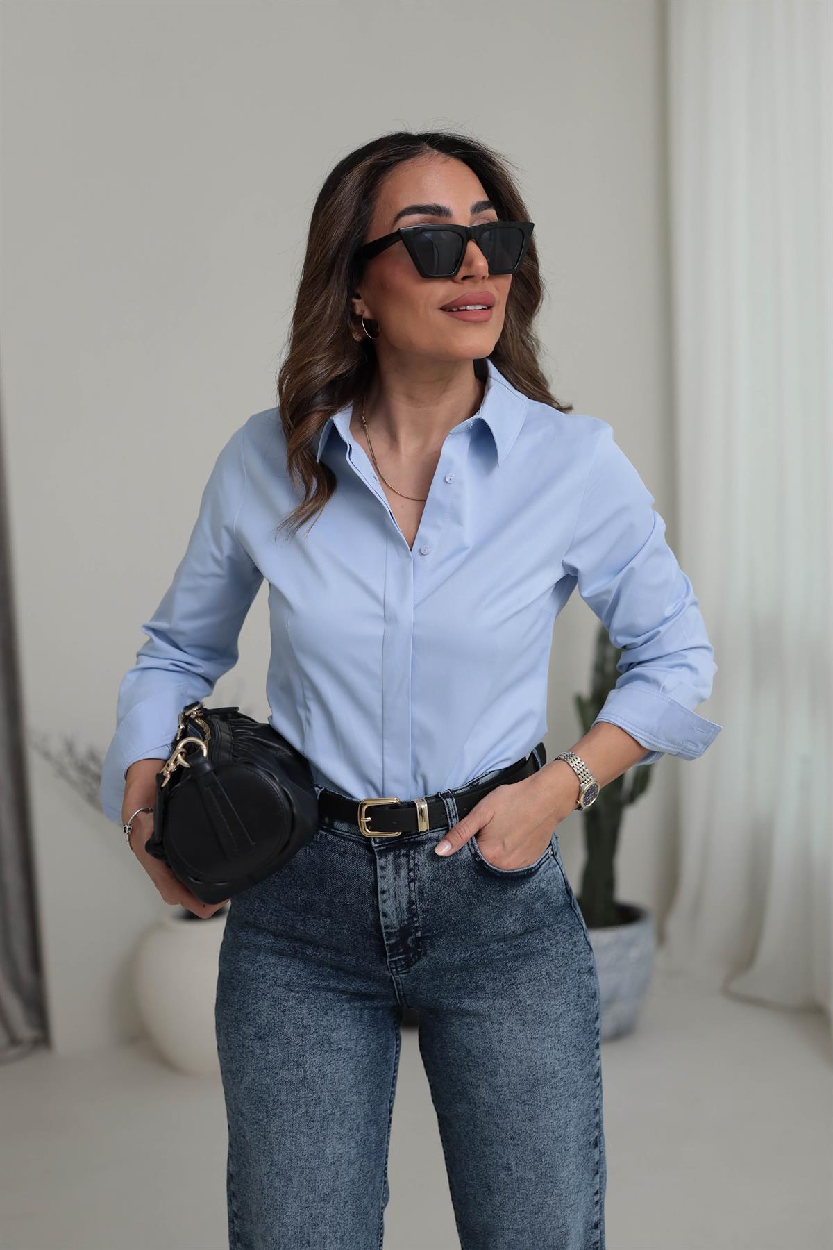 3903 Gizli Düğmeli Likralı Viskon Gömlek MAVİ